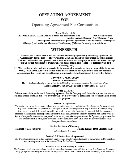 operating agreement for corporation