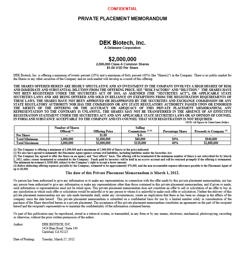 Biotech Private Placement Memorandum - Private Placement Memorandum Example