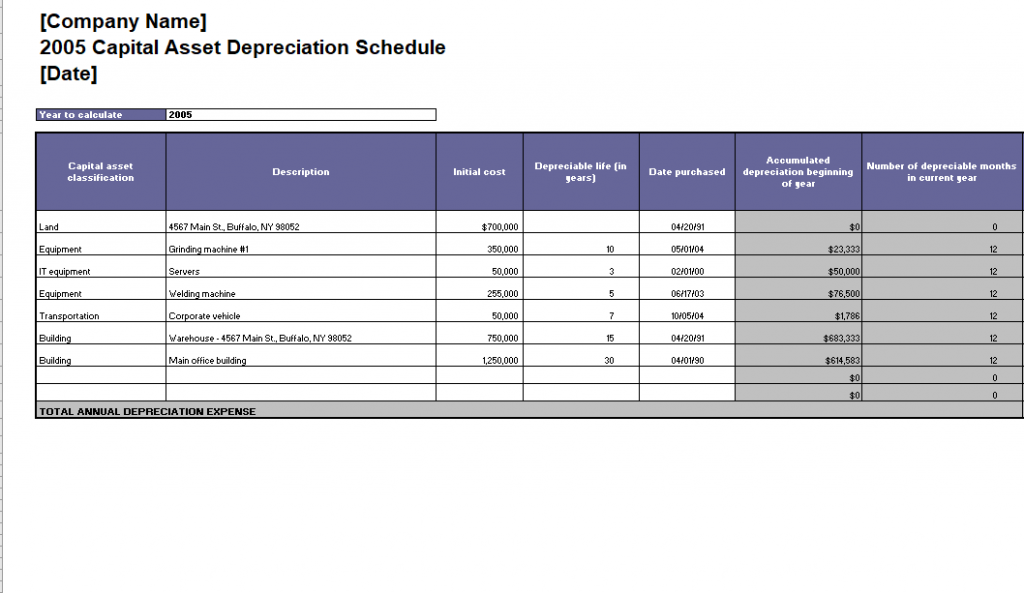 Capital Asset Depreciation Schedule Template