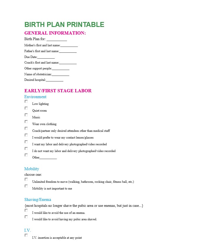 Birth Plan Printable