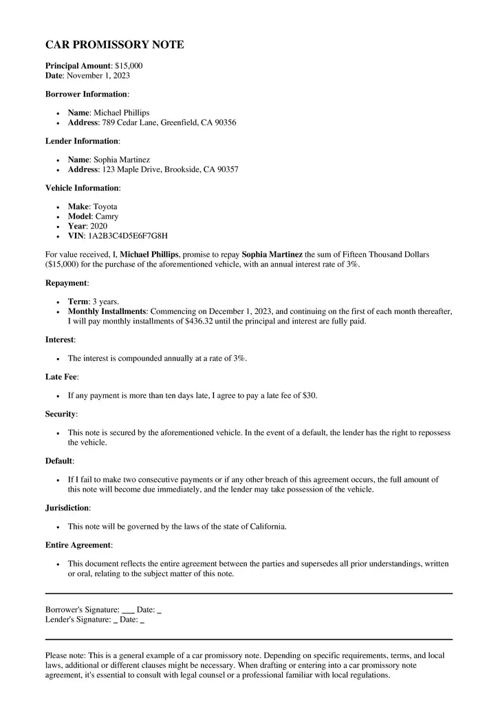 Car Promissory Note Template