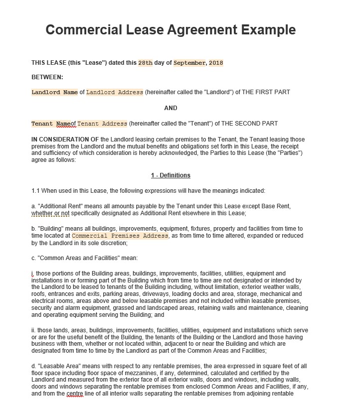 Commercial Lease Agreement Example - Simple Commercial Lease Agreement Template Word