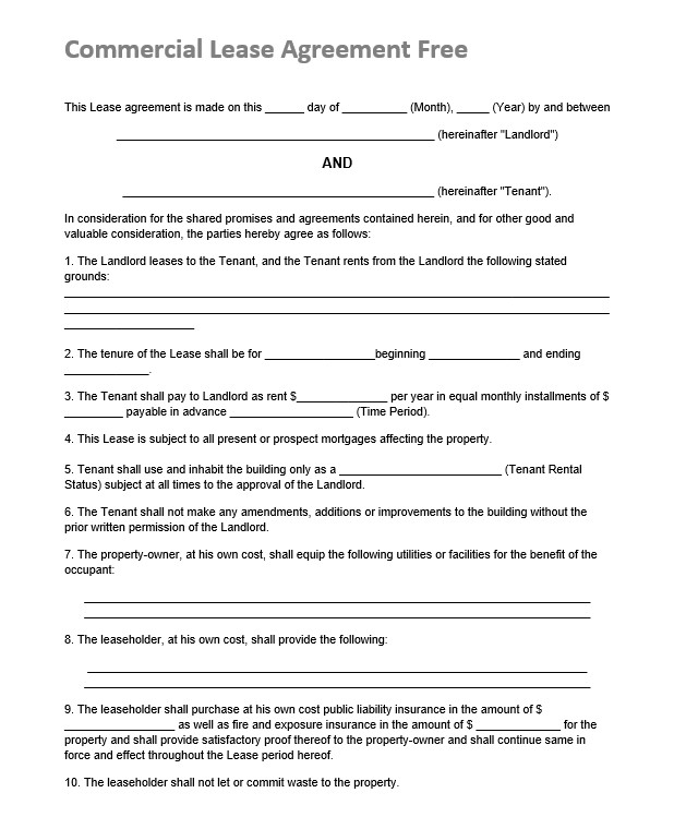 Free Simple Commercial Lease Agreement Template Word