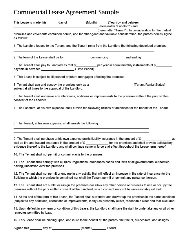 Commercial Lease Agreement Sample