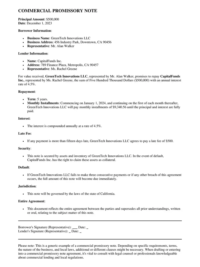 Commercial Promissory Note Template