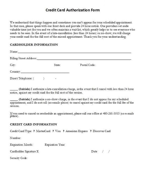 Credit Card Authorization Forms Free - Example of Credit Card Authorization Forms