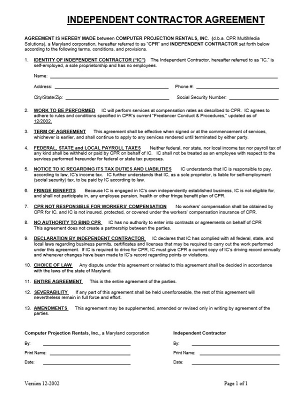 Free independent contractor agreement PDF