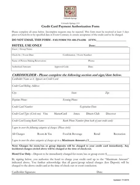 Great Wolf Lodge Credit Card Authorization Template