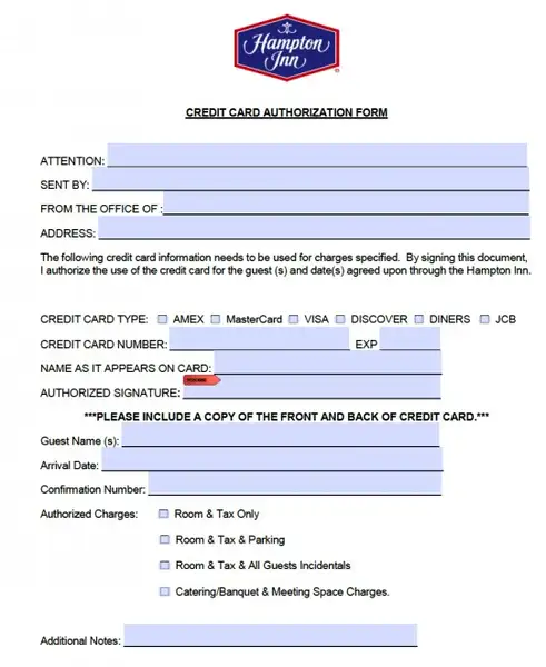 Hampton Inn Credit Card Authorization Form