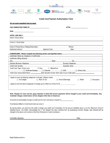 Hilton Credit Card Authorization Form