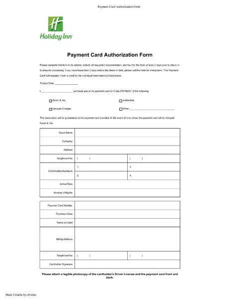 Holiday Inn Credit Card Authorization Form