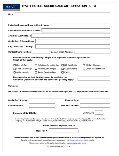 Hyatt Credit Card Authorization Form