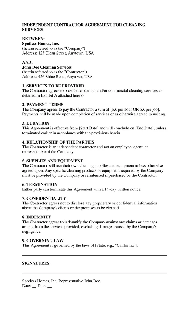 Independent contractor agreement for cleaning service min