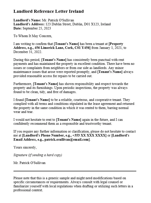 Landlord Reference Letter Ireland