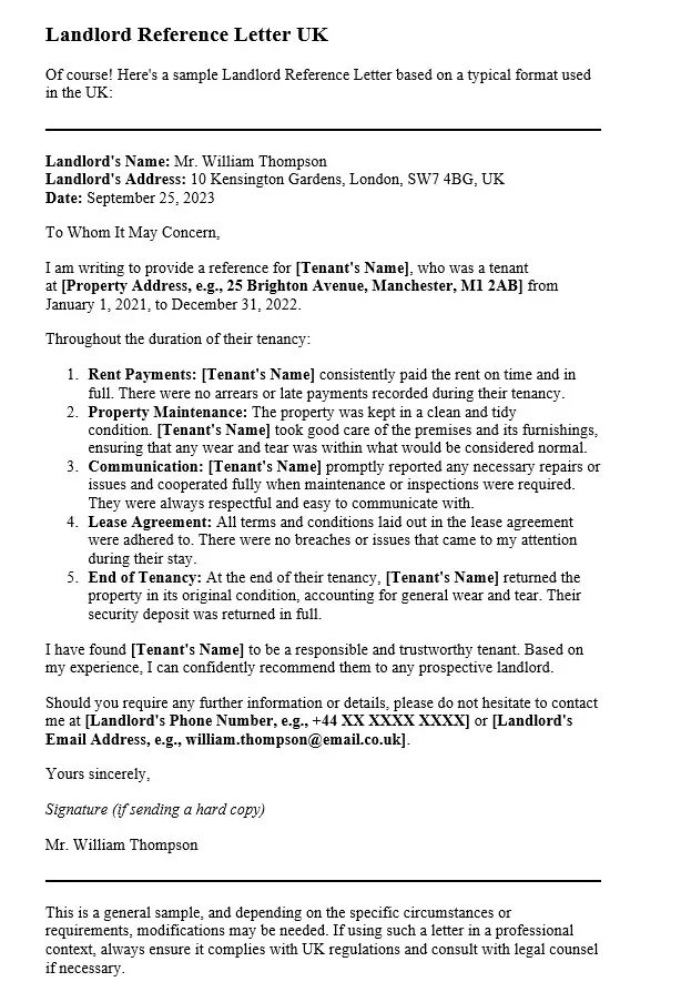 Landlord Reference Letter UK