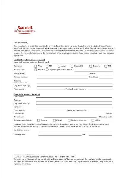 Marriott Hotel and Resorts Credit Card Authorization Form