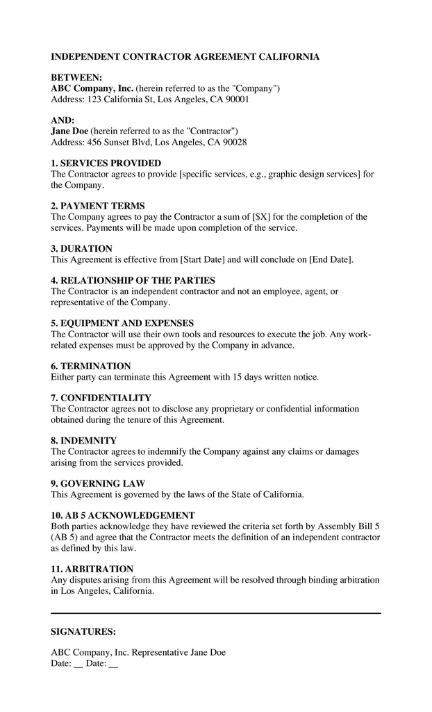 One Page Independent Contractor Agreement California min