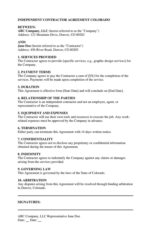 One Page Independent Contractor Agreement Colorado min