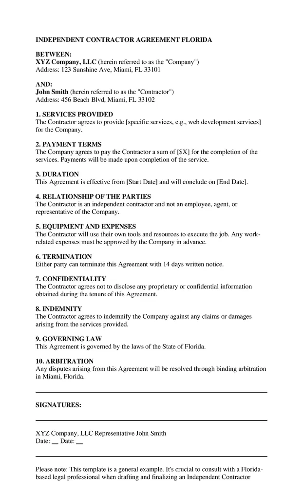 One Page Independent Contractor Agreement Florida min