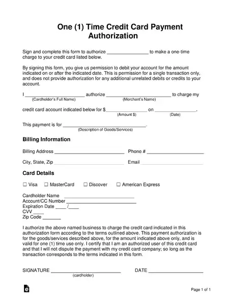 One time Credit Card Authorization Form