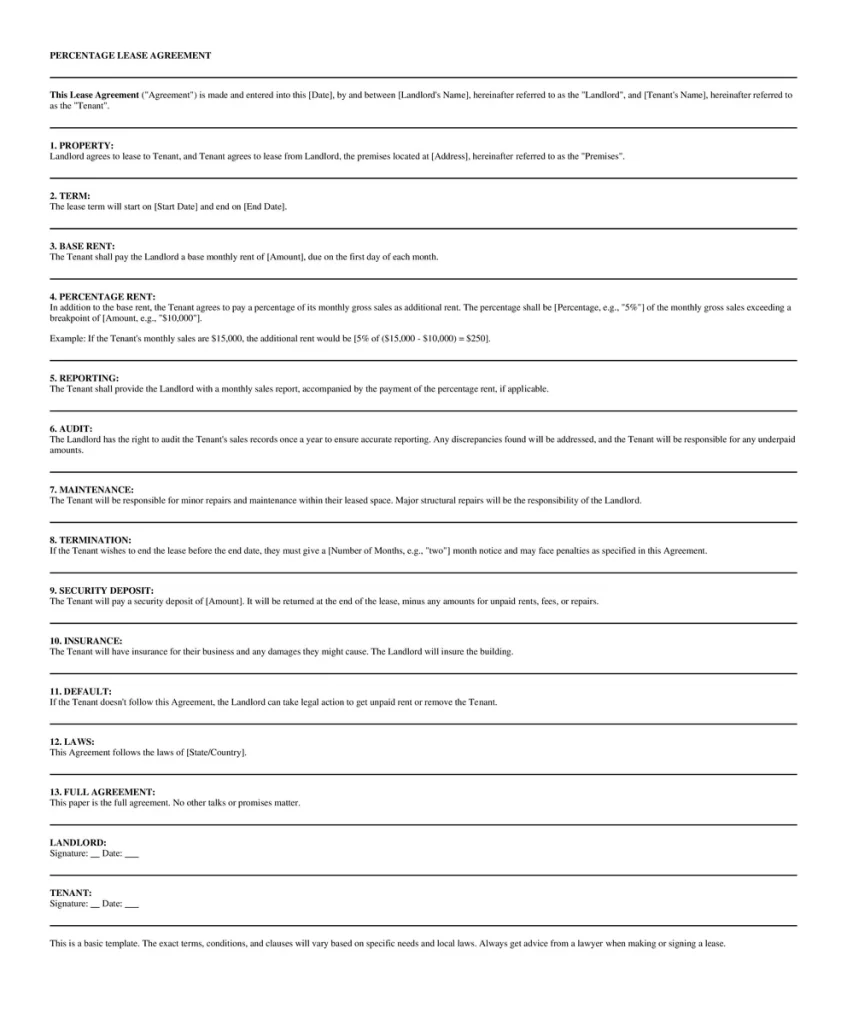 Percentage lease agreements - Simple Commercial Lease Agreement Template Word