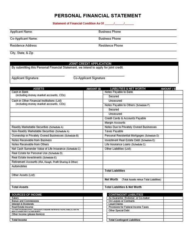 personal financial statement example filled out