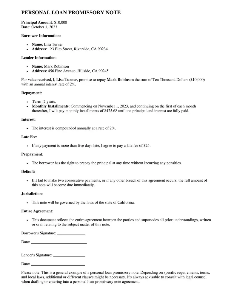 Personal Loan Promissory Notes Template
