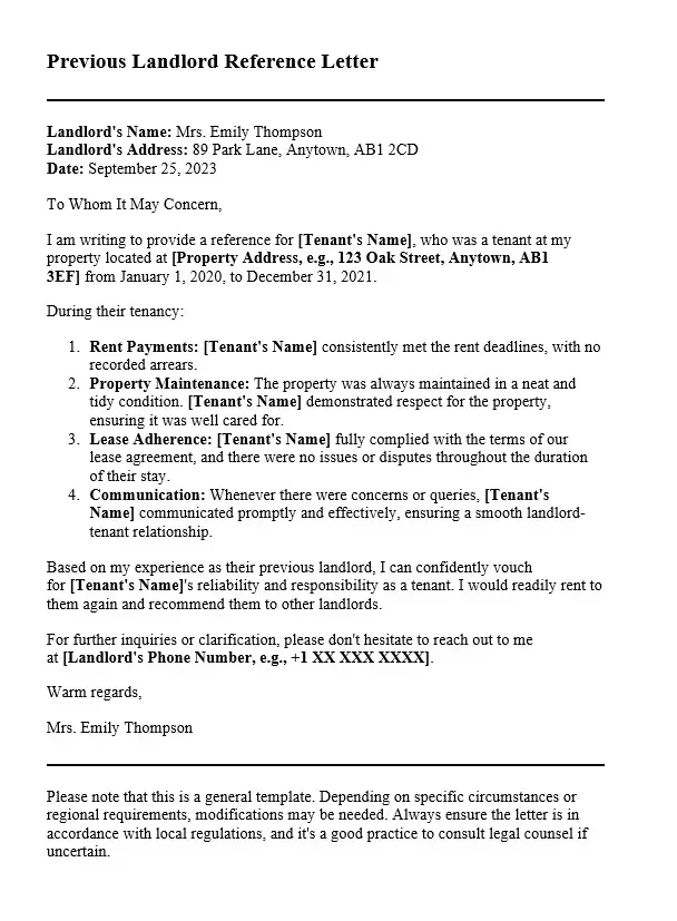 Previous Landlord Reference Letter