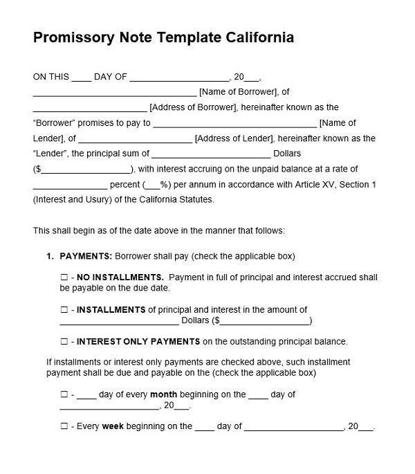 Promissory Note Template California