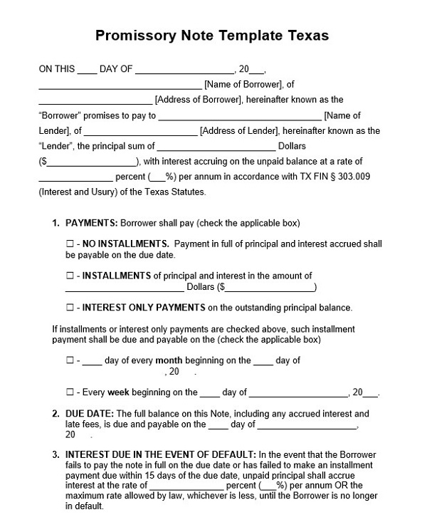 Promissory Note Template Texas