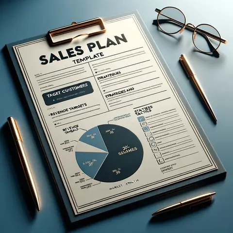 Sales plan femplates free document on a sleek modern desk with a blue backdrop. The template showcases clear sections like