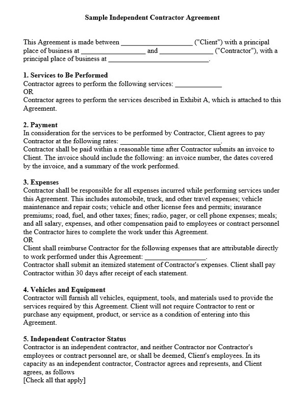 Sample Independent contractor agreement
