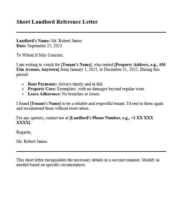 Short Landlord Reference Letter