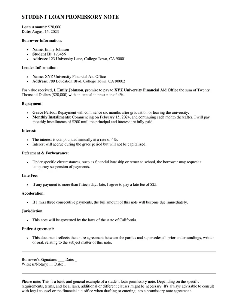 Student Loan Promissory Note Template