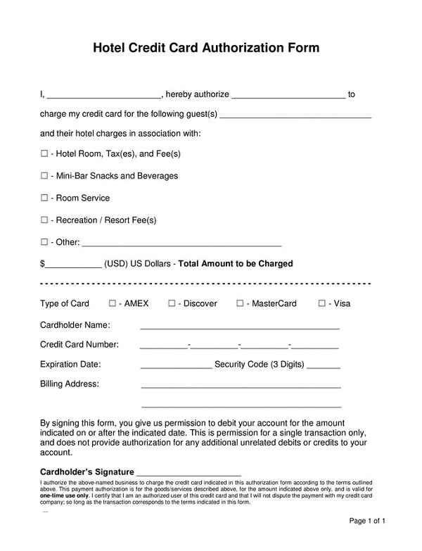 credit card authorization form hotel