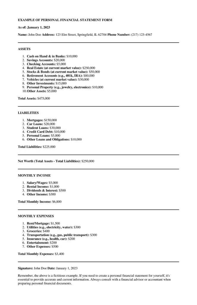 example of personal financial statement form filled out