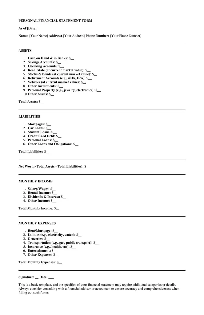 example of personal financial statement form
