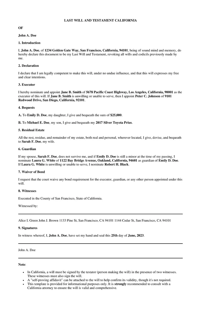 last will and testament template california