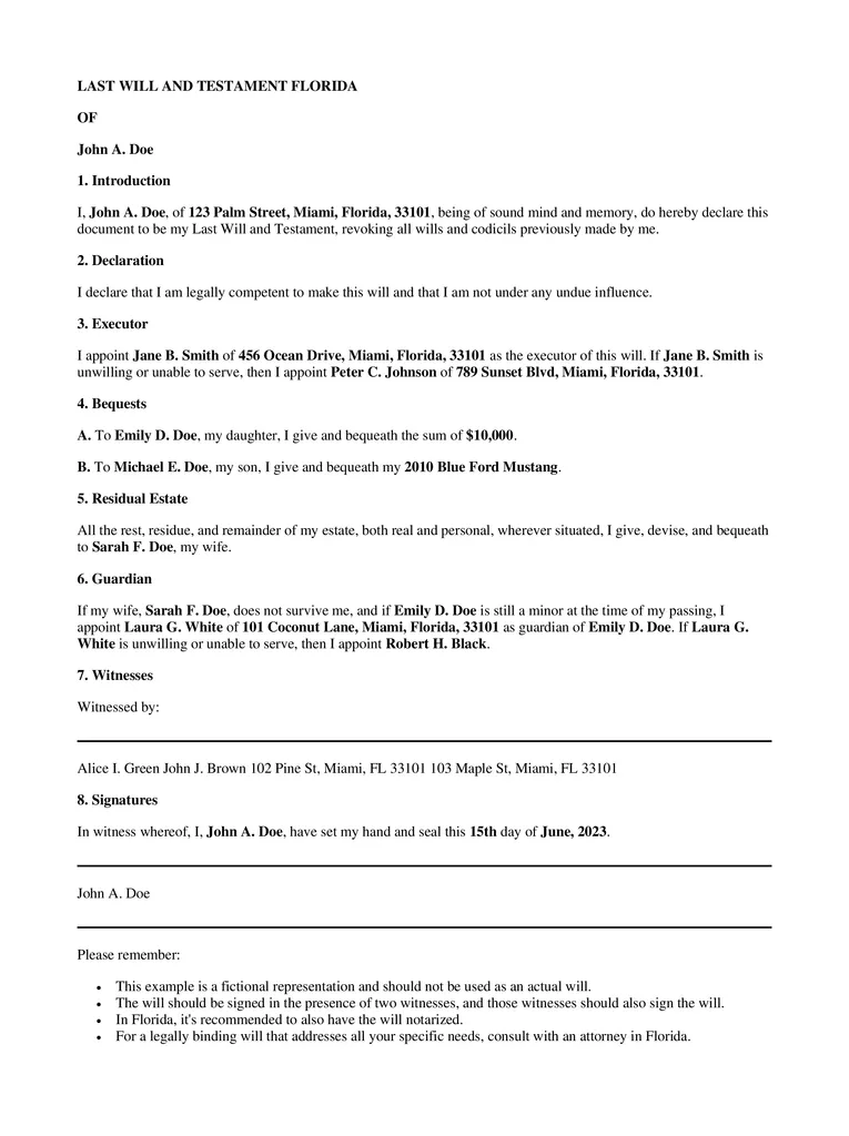 last will and testament template florida