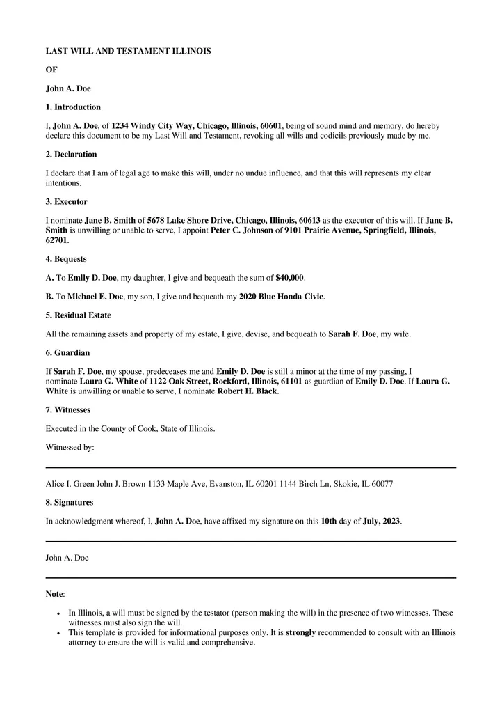 last will and testament template illinois