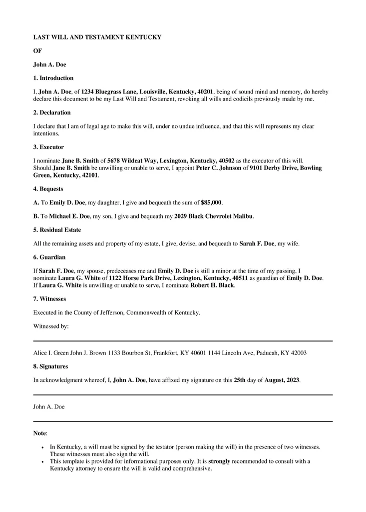 last will and testament template kentucky