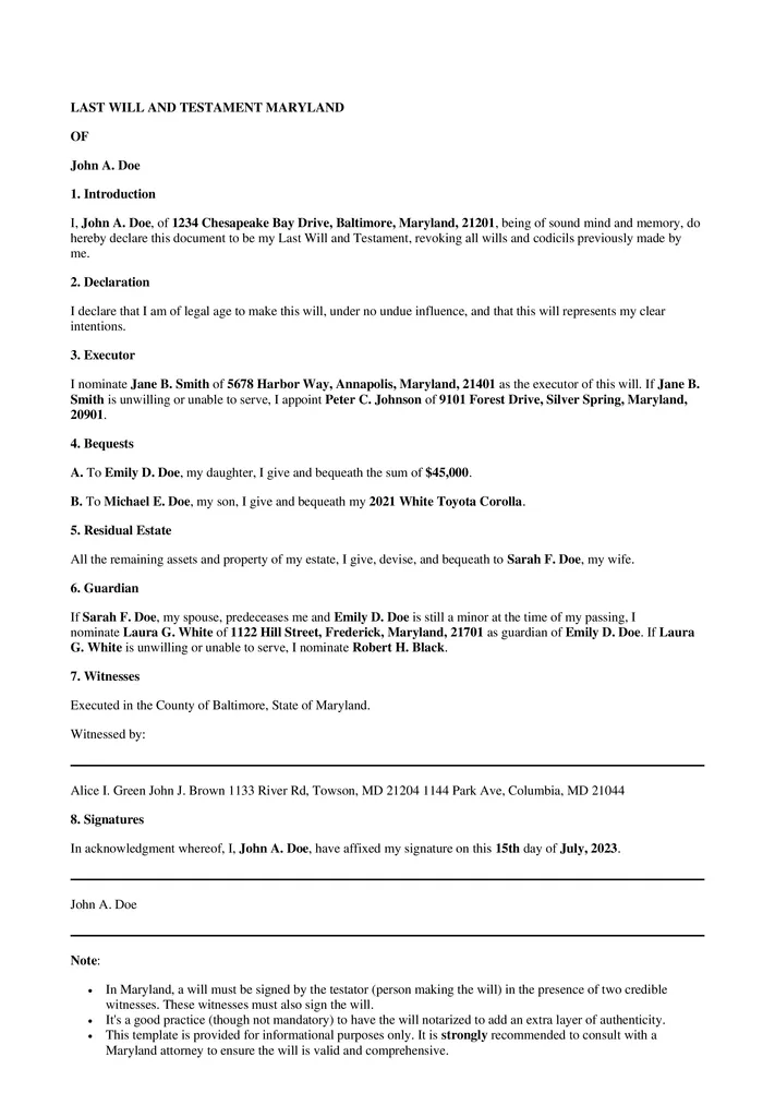 last will and testament template maryland