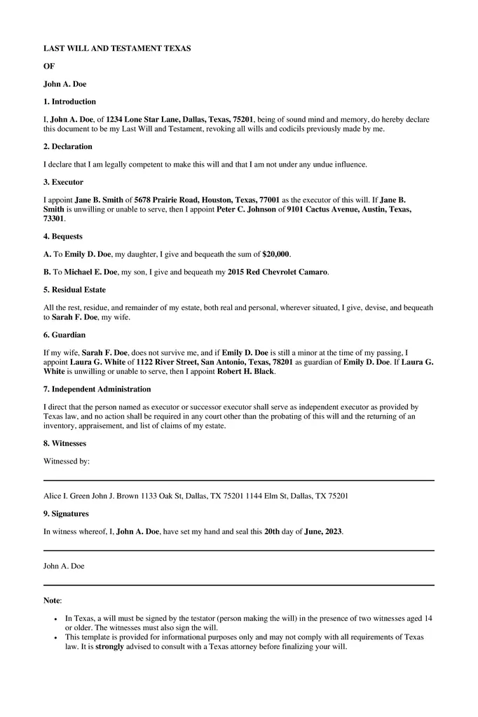 last will and testament template texas