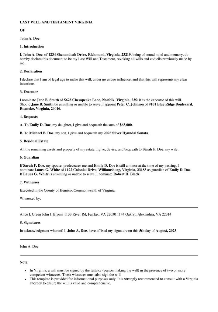 last will and testament template virginia