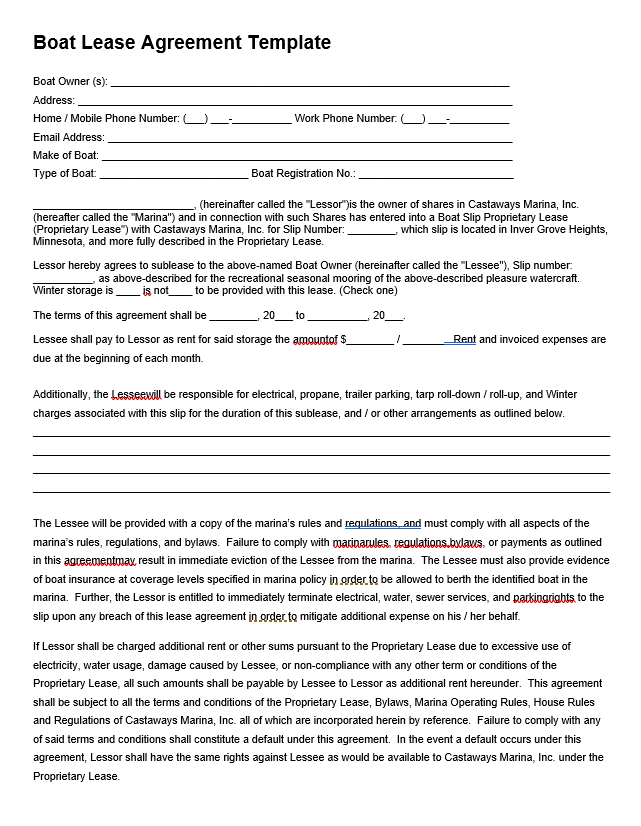 Boat lease agreement template