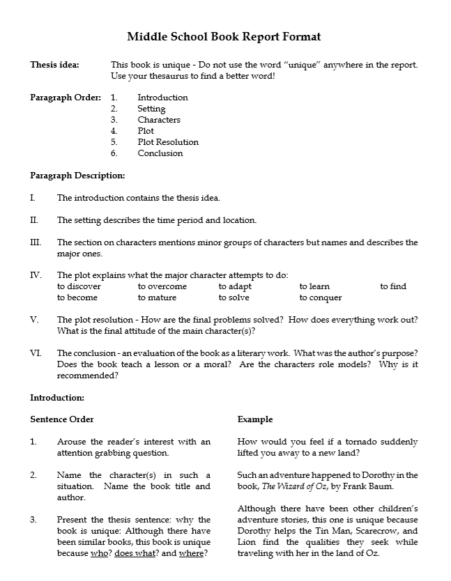 Book Report Templates Middle School