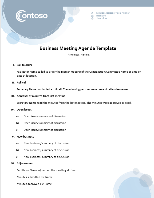 Business meeting agenda template