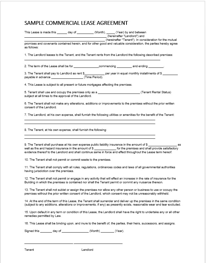 Simple Commercial Lease Agreement Template Word