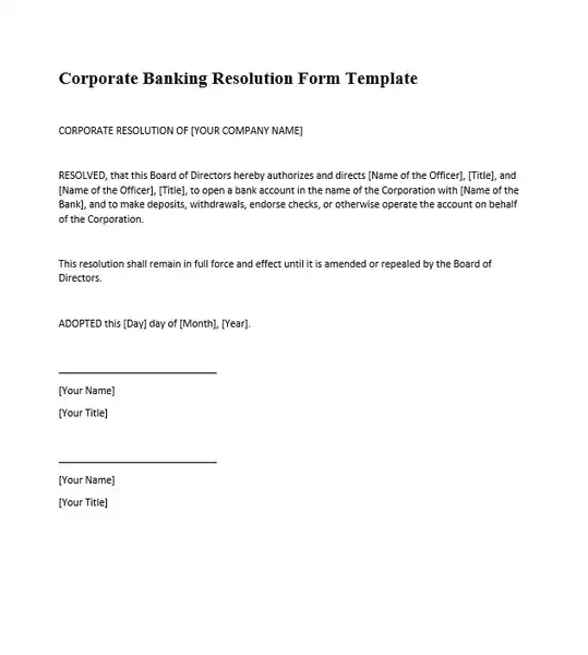 Corporate Banking Resolution Form Template 539 600