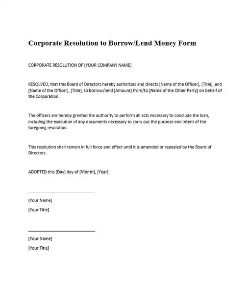 Corporate Resolution to Borrow Lend Money Form Template 508 600